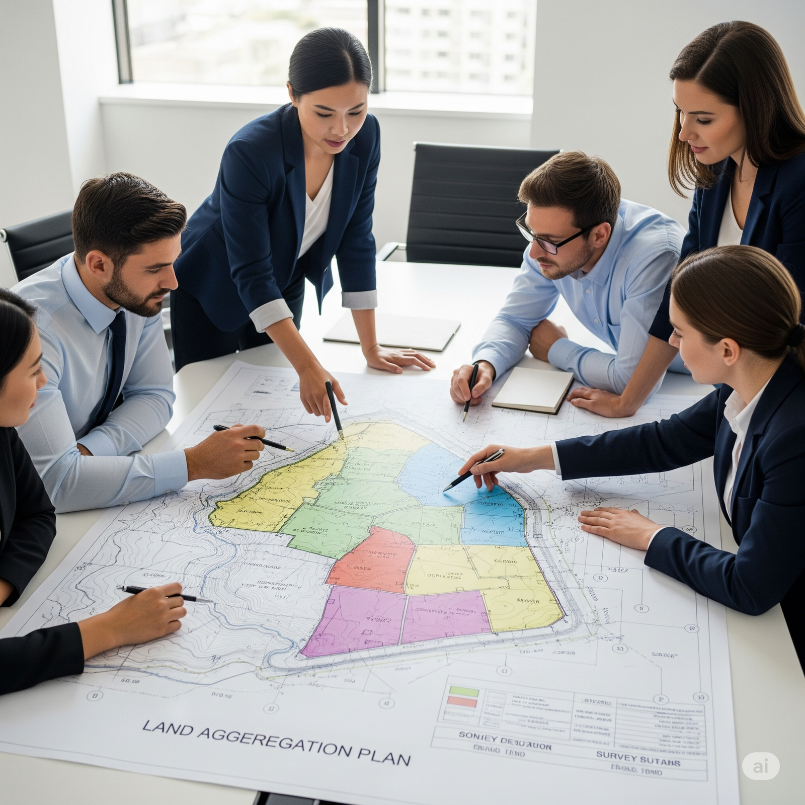 A diverse team of professionals collaborating over architectural blueprints in a modern, well-lit office.